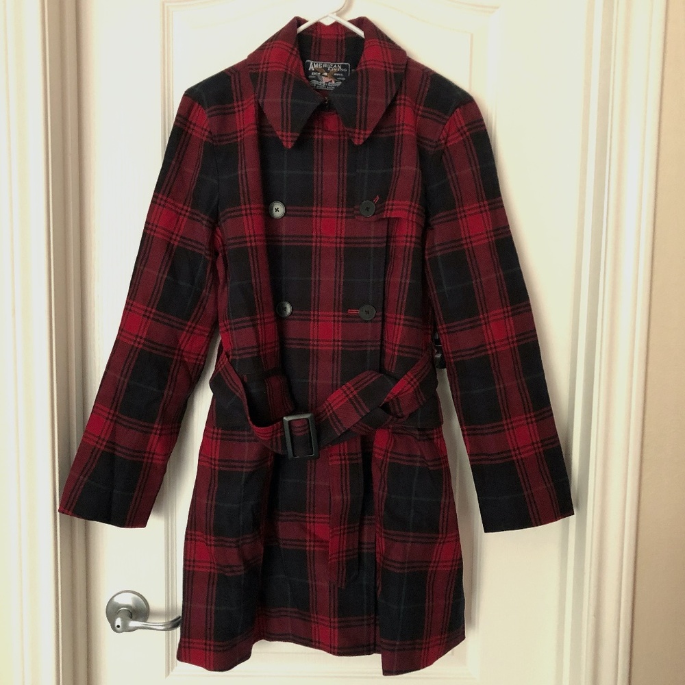 NWT American Living Red/Navy Plaid Double-Breasted 3/4 Length Coat - Size Small